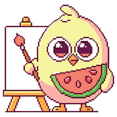 Pixel Yellow Bird Character with Watermelon, Paintbrush, and Easel on Transparent