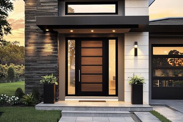 Modern House Entrance Sunset Composition, Wooden Door, Landscape Design, Exterior Lighting, Home Design Modern house, exterior design
