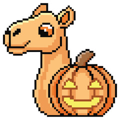Obraz premium Pixelated Camel with Halloween Pumpkin on White Background Pixel Art Design