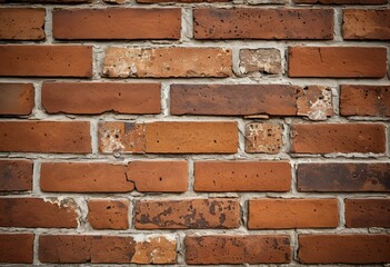 Fototapeta premium A red brick wall with peeling paint on it.