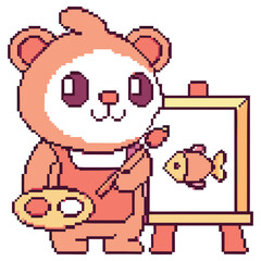 Pixel Art Panda Artist with Easel Fish Painting on White Background, Retro Style