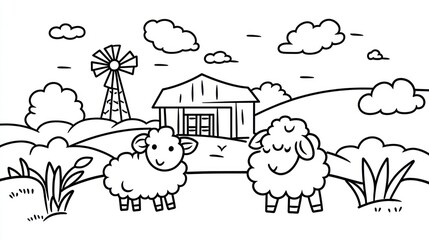 Black and white farm scene with sheep and windmill. Coloring page