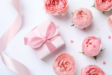 Beautiful pink peony roses and gift box on a white background