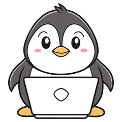 Cartoon Penguin with Laptop on Transparent Background, Isolated Cute Design