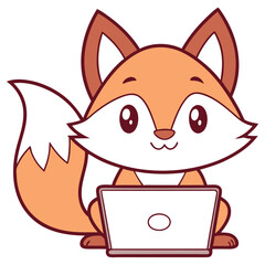 Cute Cartoon Fox with Laptop on Transparent Background Simple