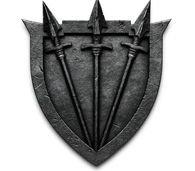 A 3D render illustration featuring a Spartan shield, helmets, and spears set against a white background in isolation