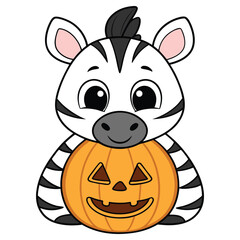 Obraz premium Animated Zebra Holding Festive Orange Halloween Pumpkin on White Background