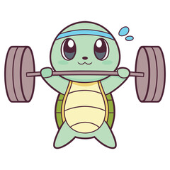 Cartoon Turtle Lifting Barbell with a Headband on Isolated White Background