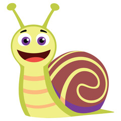 Cartoon Snail Character with Brown Shell, Purple Eyes, Antenna on Transparent