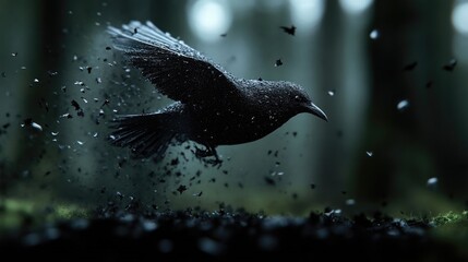 Dark raven taking flight in a misty forest
