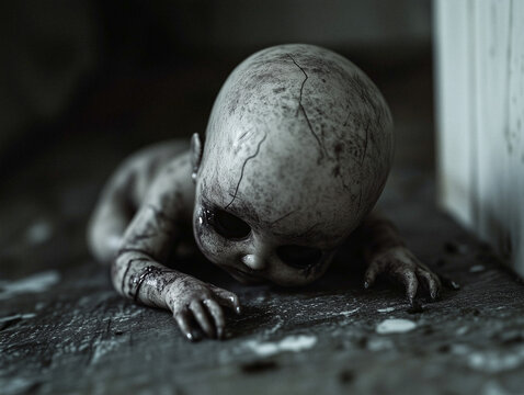An unsettling doll with cracked features lies in a dimly lit room, evoking eerie and creepy feelings.