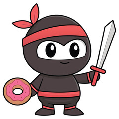 Cartoon Ninja Character with Donut and Sword on a White Background. Cute Design