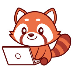 Cartoon Red Panda Using Laptop with Cute Smiling Face on Transparent Background