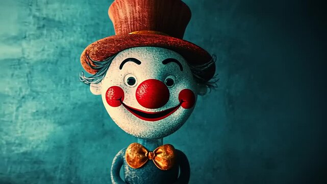 Vintage clown puppet smiling brightly in a whimsical theater setting with soft lighting