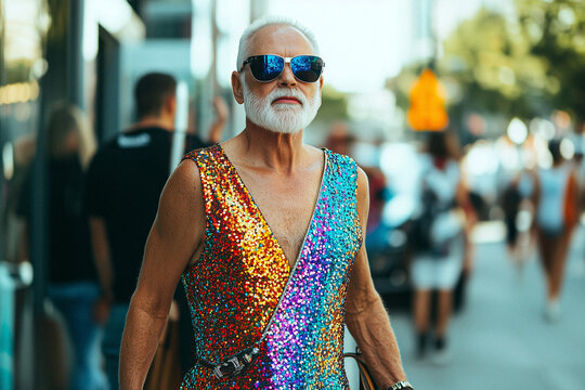 A fashionable individual wearing a radiant sequin outfit and pink heels confidently walking in an urban cityscape amidst tall buildings and busy sidewalks. - Powered by Adobe