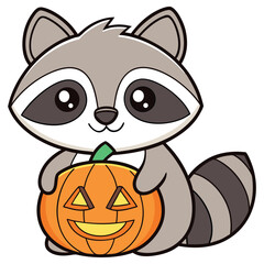Obraz premium Cute Cartoon Raccoon with Orange Pumpkin on Transparent Background, Halloween Theme