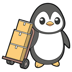 Cartoon Penguin Moving Boxes on Dolly with Transparent Background
