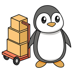 Animated Penguin with Boxes on Cart Isolated on White Background