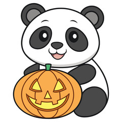 Cartoon Panda Holds Smiling Halloween Pumpkin with Transparent Background