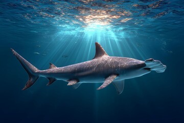 Fototapeta premium Hammerhead Shark Swimming in Sunlight 