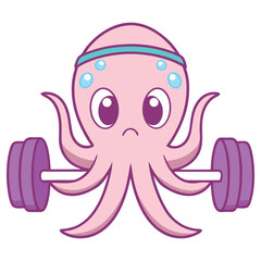 Obraz premium Cartoon Octopus Lifting Weights, Exercising with Headband on Transparent Background