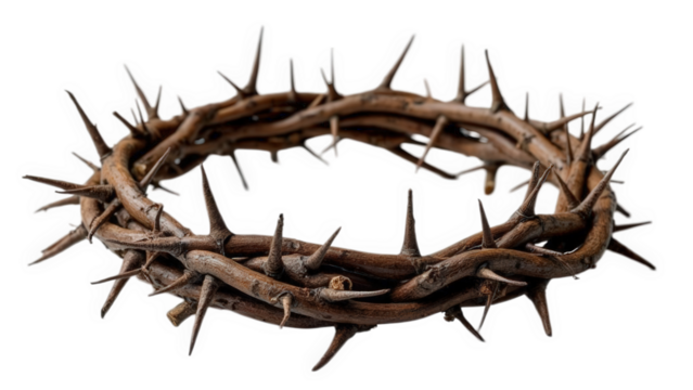 A close up view of a crown of thorns made of intertwined branches against a black background