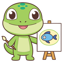 Cartoon Green Lizard Artist Holds Brush and Fish Painting on Easel Isolated