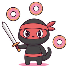 Cute Cartoon Ninja Juggling Donuts with Sword on Transparent Background