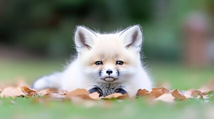 Obraz premium Adorable baby fox nestled among autumn leaves