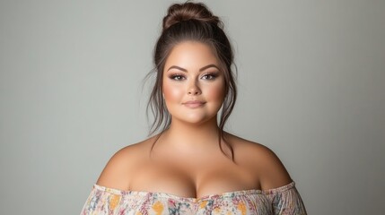 Plus-size woman with stylish updo and floral top