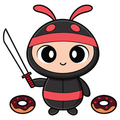 Naklejka premium Cartoon Ninja Character Holding Katana With Donuts Isolated on White