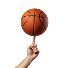 Basketball at the fingertip of a hand isolated on transparent background 