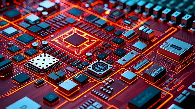 Red computer circuit board with glowing digital pathways and chip details