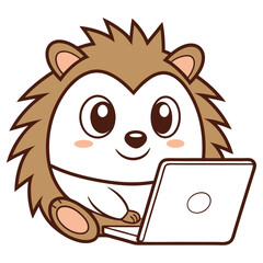 Smiling Cartoon Hedgehog Using a Laptop on Transparent Background