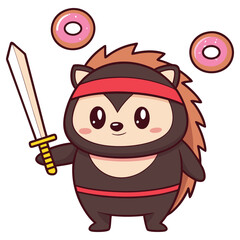 Cartoon Hedgehog Ninja Holds Katana, Juggling Donuts with Red Headband Isolated
