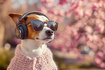Cute dog with headphones and yellow sweater in a park during golden hours. Captivating autumn scenery and endearing attire convey warmth, coziness, and the charm of moments with pets.