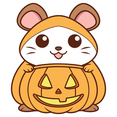 Smiling Cartoon Mouse Dressed as Pumpkin Costume on Transparent Background
