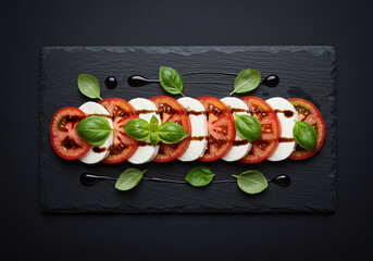 Top-down view of a Caprese salad with heirloom tomatoes, fresh mozzarella, and basil, drizzled with balsamic glaze. Artfully plated on slate, isolated on black in crisp detail.