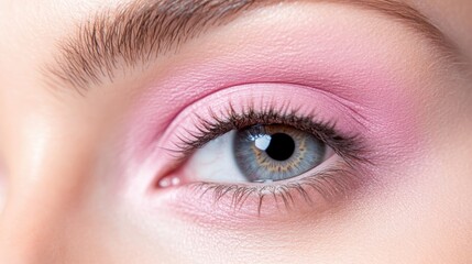 Obraz premium A close-up of a womans eye with pink eyeshadow, long eyelashes, and a grey iris, detailed view of makeup application, and beauty concept.