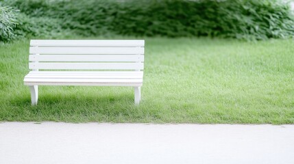 White Wooden Bench Lush Green Lawn Simple Minimalist Style Soft Natural Lighting Front Center View Smooth Wood Texture Peaceful Solitude Serene Garden Calm Spring Tones Ideal for Relaxation Ads