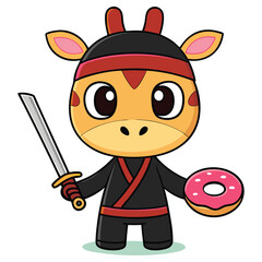 Cartoon Giraffe Ninja with Katana and Donut on a Transparent Background