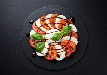 A vibrant Caprese salad featuring juicy heirloom tomatoes, creamy mozzarella, and fresh basil, centered on a slate plate with balsamic reduction. Black background enhances contrast.