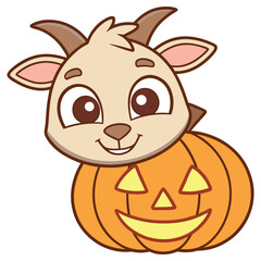 Adorable Cartoon Goat with Smiling Pumpkin on Transparent Background Halloween Theme