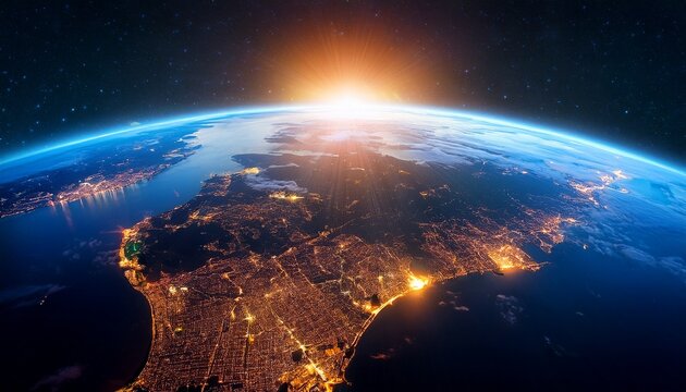 an awe inspiring image showing the curvature of earth as seen from space during sunrise with the glowing horizon and twinkling city lights against a dark backdrop