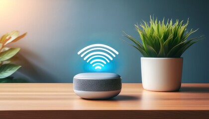 smart home assistant on table with plant and cup showing wi fi signal