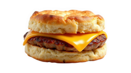 Close up shot of a sausage and cheese biscuit sandwich on a black background in studio lighting