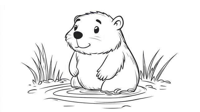 Cute cartoon gopher in shallow water, kids coloring page, playful animal illustration, for educational materials