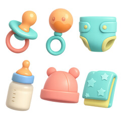 Set of 3D style baby care icons: pacifier, rattle, diaper, milk bottle, baby hat, and blanket with stars. Isolated on transparent background. Concept of newborn care, baby essentials, and parenthood