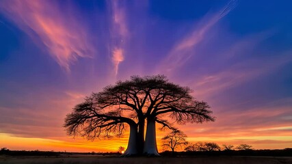 Baobab Tree Silhouette Against Vibrant Sunset Sky in Africa

