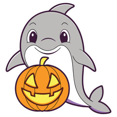 Gray Cartoon Dolphin with JackoLantern on Transparent Background